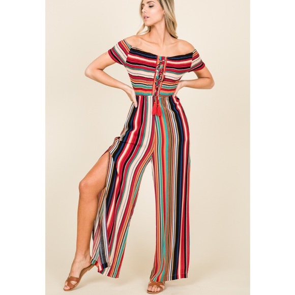 Multi Color Stripe Smock Jumpsuit Split Leg - Picture 2 of 8